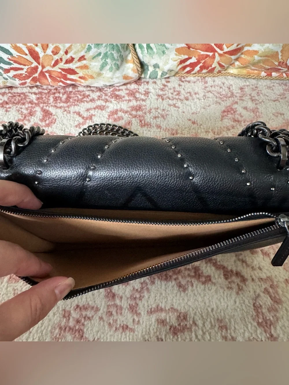 MMCM Black Stud-Accent Crossbody with Gunmetal Chain
